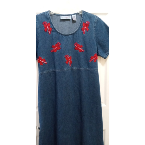 Vintage Jane Ashley Dress Women PM Denim Jumper Embroidered Candy Cane Christmas - Picture 2 of 7
